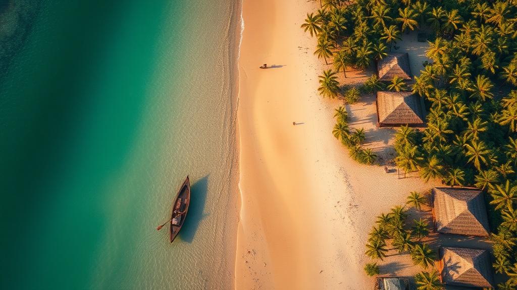 Vue aérienne d'une plage de Casamance, pirogue et cases sous les cocotiers